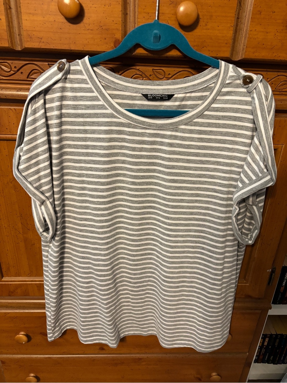 BloomChic Gray & White Striped 
Cuffed Sleeved Tee with Button Tabs